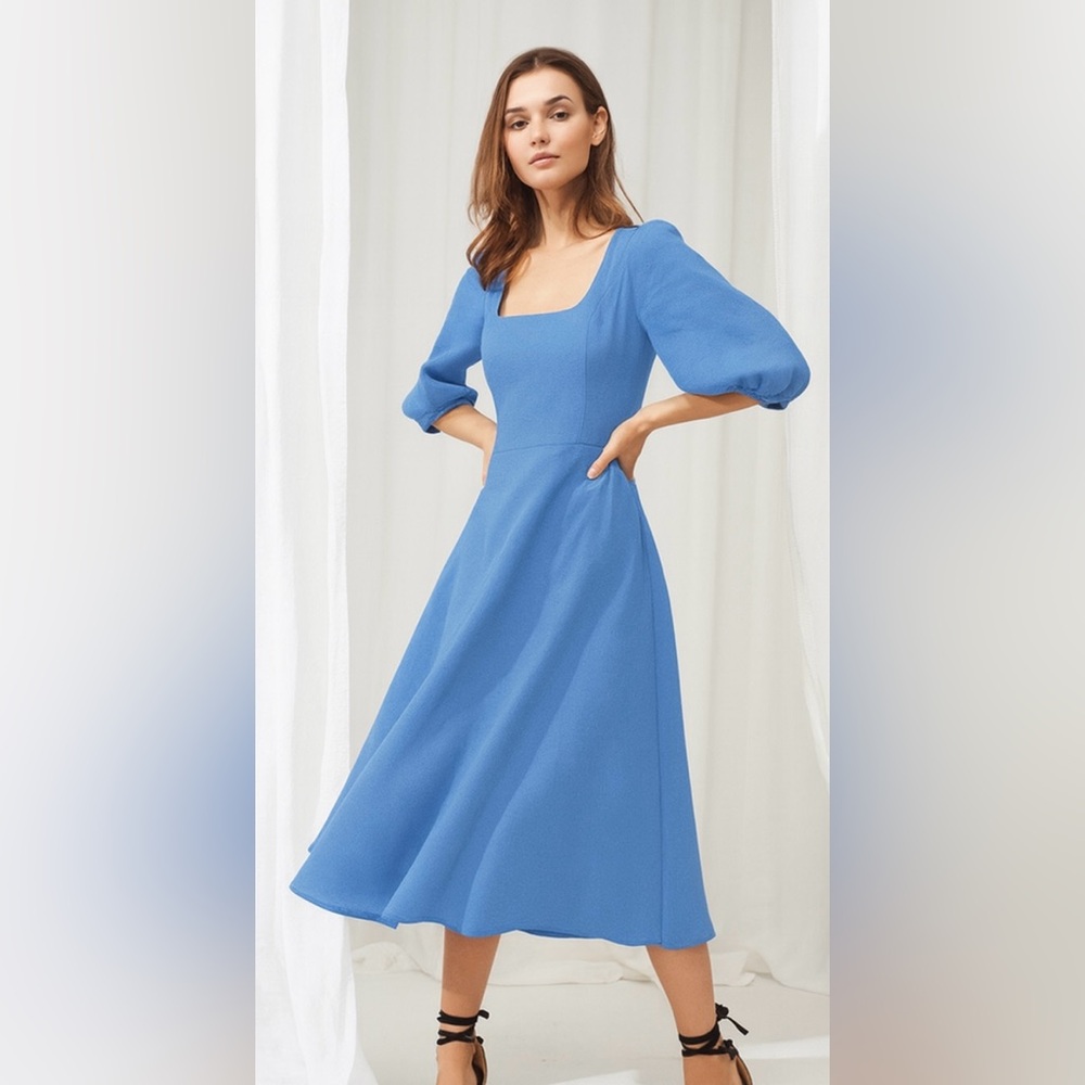 NWT Linen Handmade Studio Puff
Sleeve Aroura Midi Dress XXL 18 Blue